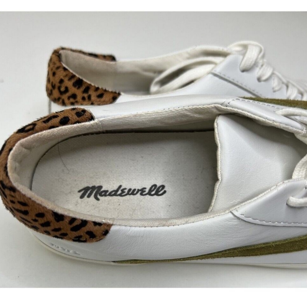 Madewell Sidewalk Sneakers White Leather Low Top Leopard Calf Hair EUC 8.5 - Picture 7 of 9